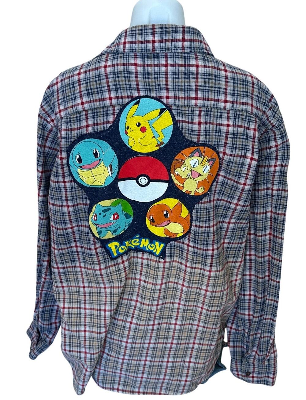 Pikachu Flannel Plaid Shirt Shacket XL Oversized One of Kind Upcycled Pokemon